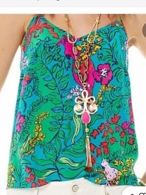 Lilly Pulitzer Shake your Tailfeathers Tropical Floral Bird Silk Top Tank S .